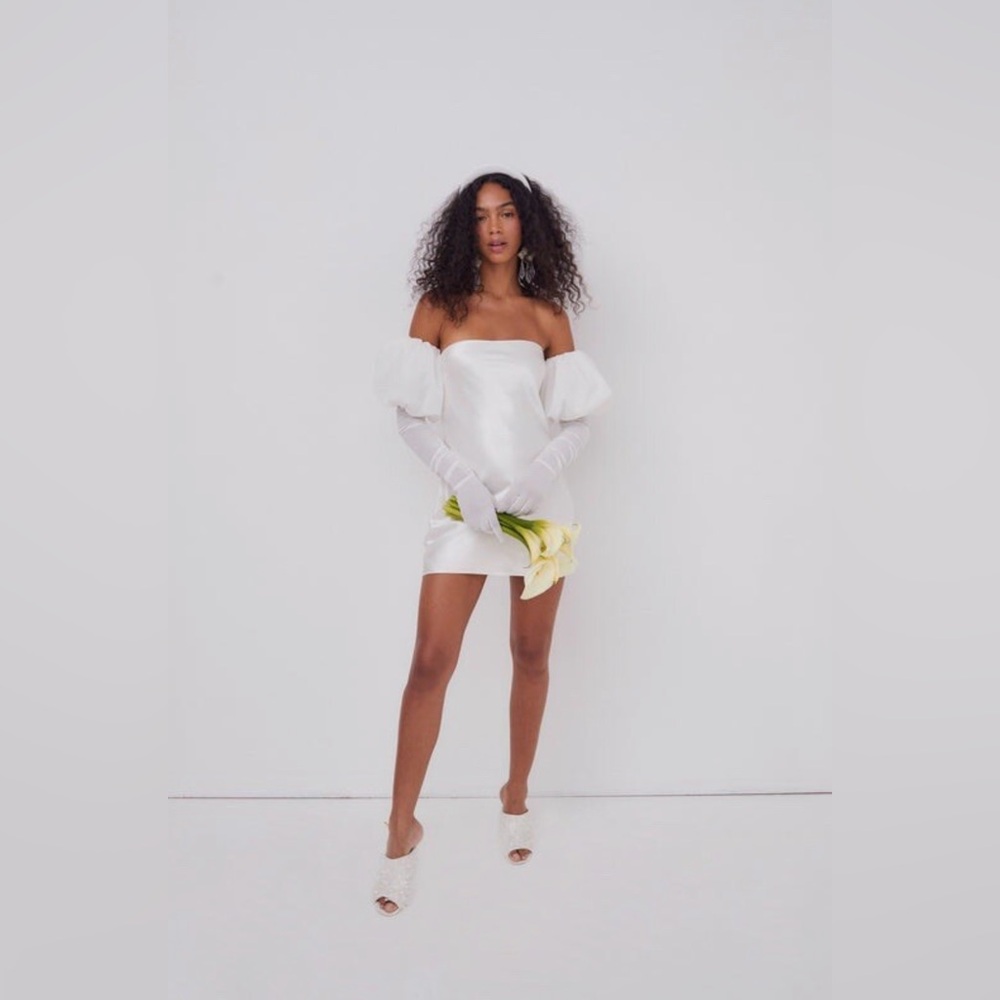 For Love & Lemons White Off-Shoulder Dress w/ Bow and detachable gloves.